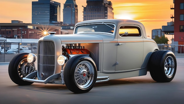 beautiful old timer hot rod vintage matte grey car at sunset transport and vehicles automotive