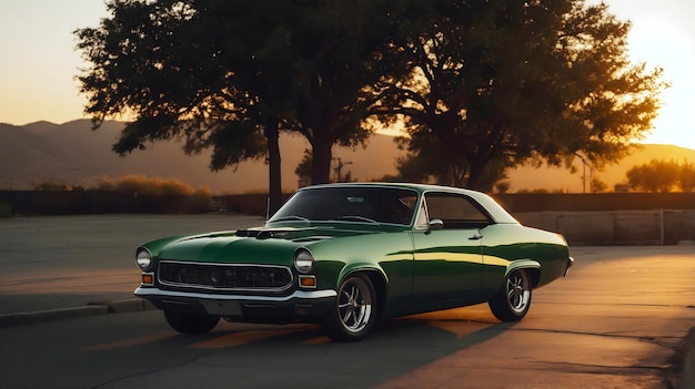 beautiful old timer vintage classic green car at sunset transport and vehicles automotive