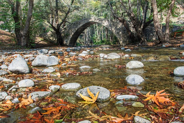 Beautiful old venetian stone bridge over the river on the island of cyprus