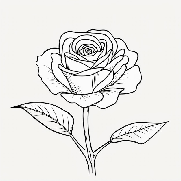 Beautiful One line drawing Garden rose with leaves Hand drawn sketch