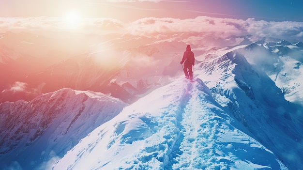 Beautiful One person hiking mountain peak in winter