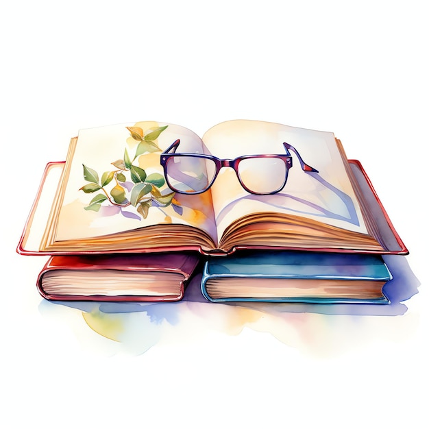 beautiful Open book with a bookmark and glasses resting on it watercolor clipart