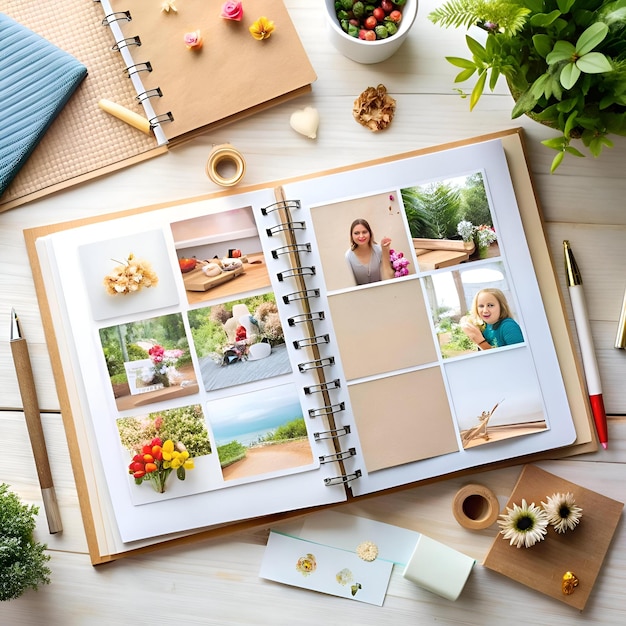 A beautiful open scrapbook with a variety of photos including flowers nature and people ready to be filled with memories