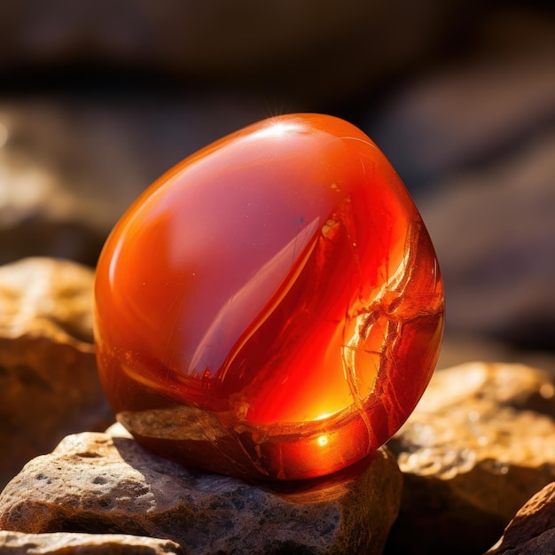 Photo beautiful orange glowing amber with patterns in nature gemstone close up