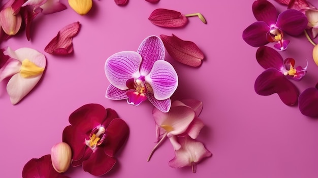 Beautiful orchid petals on a colorful background Spring concept Generative AI