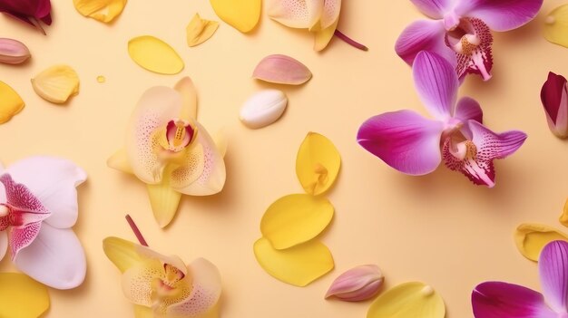 Beautiful orchid petals on a colorful background Spring concept Generative AI