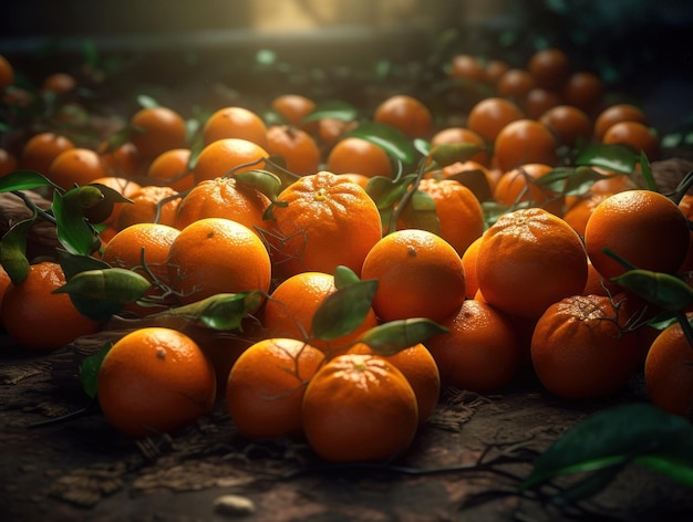 Beautiful organic background of freshly picked mandarines created with Generative AI technology