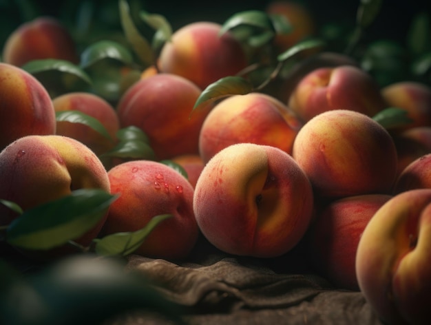 Beautiful organic background of freshly picked peaches created with Generative AI technology