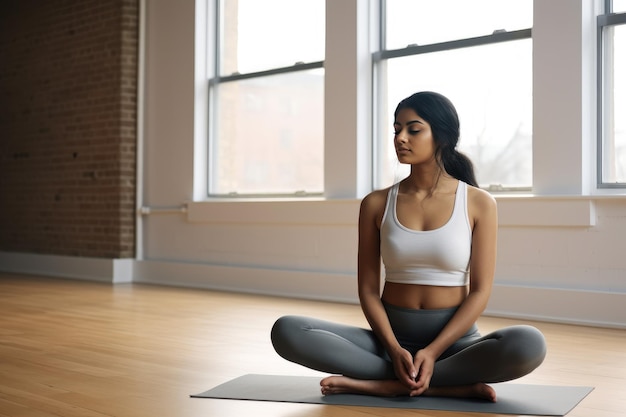 Beautiful oriental girl young woman sitting meditating in lotus position on the floor in a bright fitness room