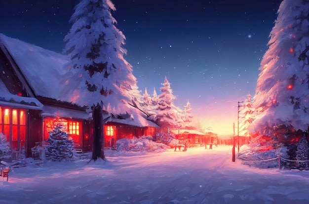 A beautiful outdoor Christmas scene illustration of a Christmas house with snow winter landscape in a village