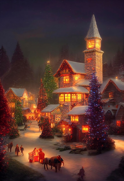 A beautiful outdoor Christmas scene illustration of a Christmas house with snow winter landscape in a village