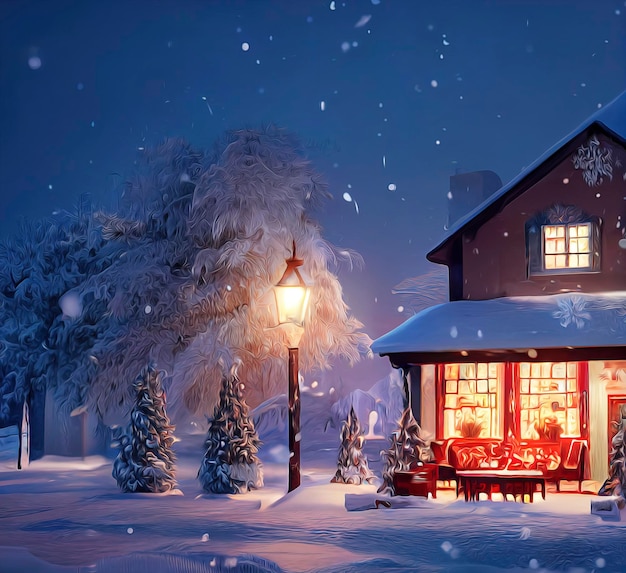 A beautiful outdoor Christmas scene illustration of a Christmas house with snow winter landscape in a village