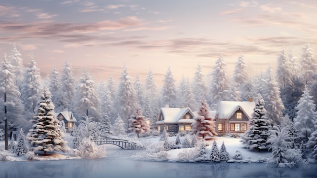 A beautiful outdoor christmas scene illustration of a christmas house with snow winter landscape in a village