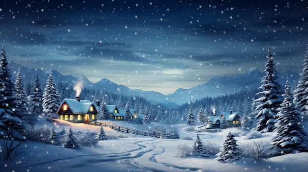 A beautiful outdoor christmas scene illustration of a christmas house with snow winter landscape in a village