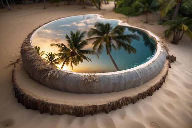 Beautiful outdoor infinity swimming pool with coconut palm tree around beach sea ocean at sunrise or sunset time