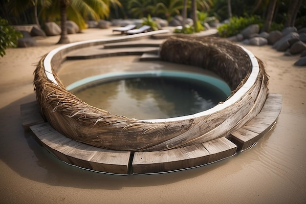 Beautiful outdoor infinity swimming pool with coconut palm tree around beach sea ocean at sunrise or sunset time