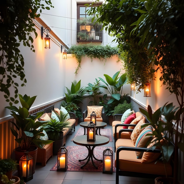 Photo beautiful outdoor lounge with lush plants and cozy ambience