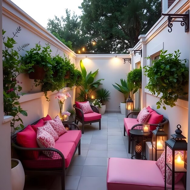 Photo beautiful outdoor lounge with lush plants and cozy ambience