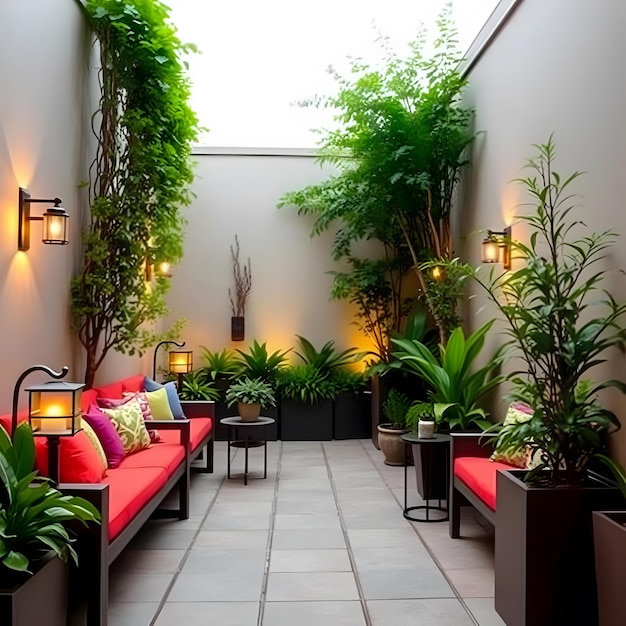 Photo beautiful outdoor lounge with lush plants and cozy ambience