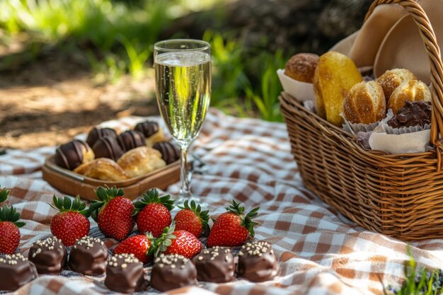 Photo a beautiful outdoor picnic setup with fresh strawberries and chocolate treats a sparkling drink completes the scene perfect for relaxation and enjoyment generative ai