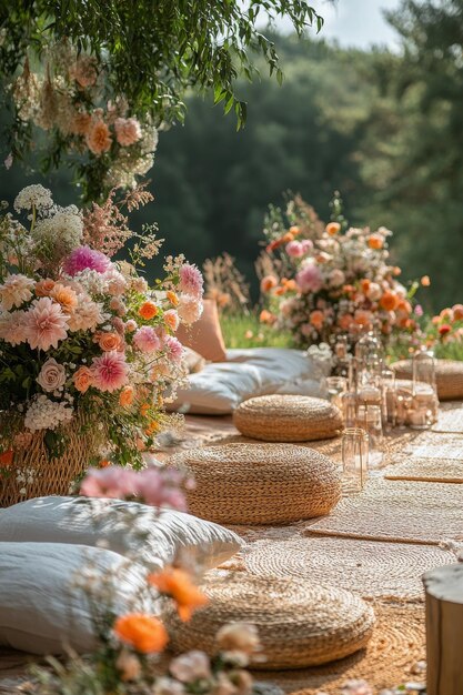 Photo beautiful outdoor seating area adorned with colorful flowers and natural decor for a sunny gathering