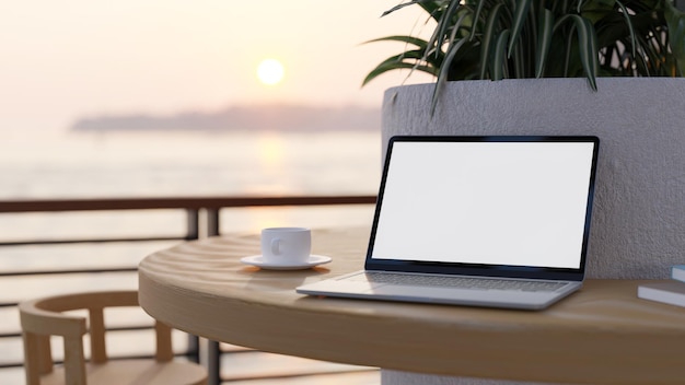 Beautiful outdoor workspace or restaurant cafe exterior design with a portable notebook laptop