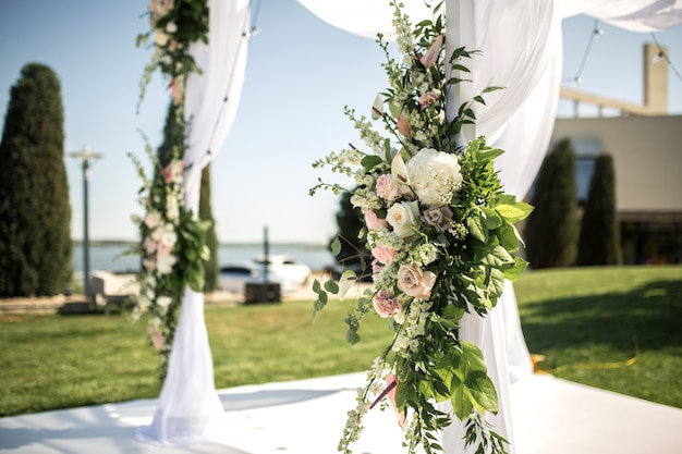 Beautiful outgoing wedding set up. Jewish Hupa  on romantic wedding ceremony 