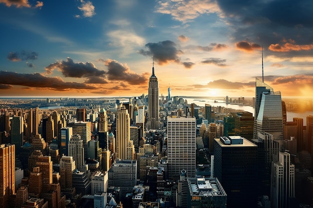 beautiful overhead view of new york city at sunset golden hour