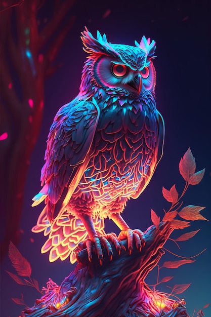 Beautiful owl in the forest Generative AI in neon style