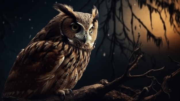 Beautiful owl sitting on a tree in the forest generative ai