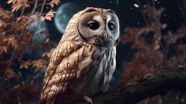 Beautiful owl sitting on a tree in the forest generative ai