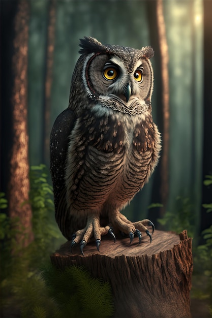 Beautiful owl on a tree trunk in the forest