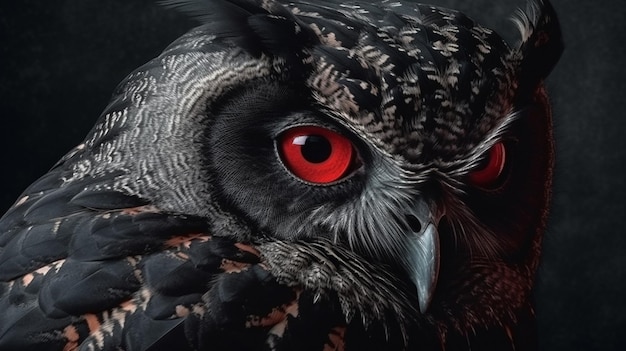 Beautiful owl with red eyes on a black background Closeupgenerative ai