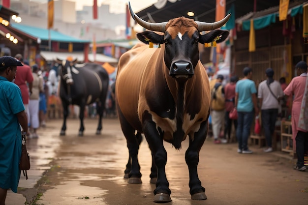 Photo beautiful ox bull cow is standing for sale in the market for the sacrifice feast of eid