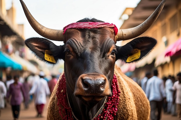 Photo beautiful ox bull cow is standing for sale in the market for the sacrifice feast of eid