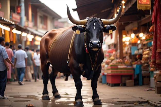 Photo beautiful ox bull cow is standing for sale in the market for the sacrifice feast of eid