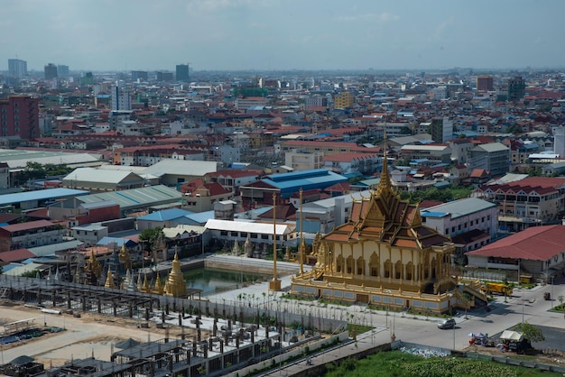 Beautiful Pagoda landscape of cityscape with city building around phnom penh city