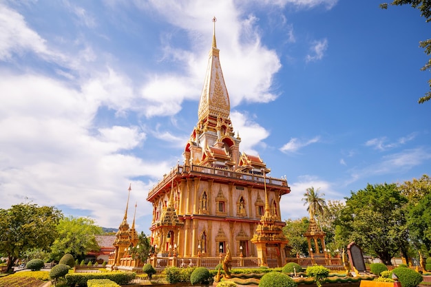 Beautiful pagoda in Phuket Thailand 10 May 2022 The Phra Mahathat Chedi Great Relic Stupa Wat Chalong or Wat Chaithararam is famous tourist destination in Phuket Thailand