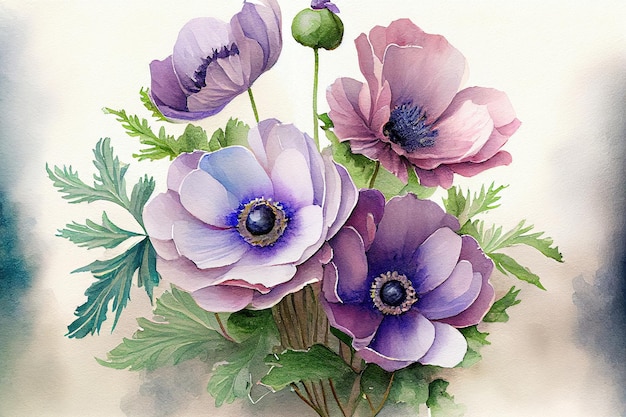 Beautiful painted bouquet of purple anemones