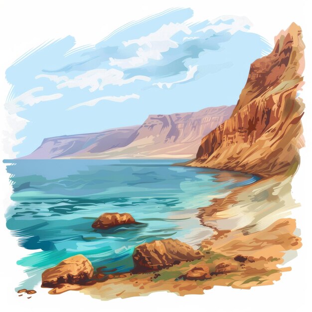 A beautiful painting of a beach with a rocky shoreline and a calm ocean