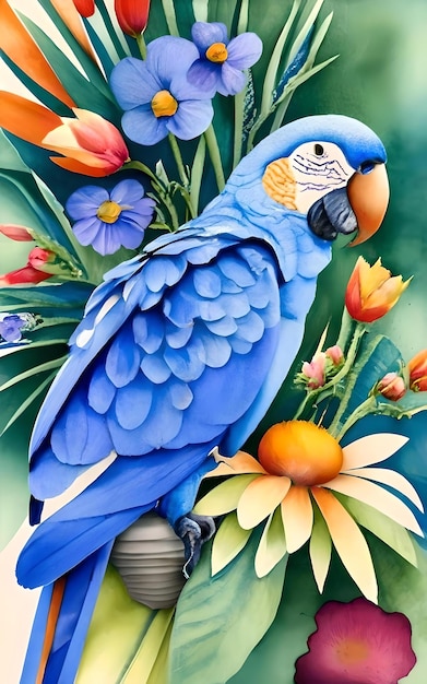 A beautiful painting of a blue parrot with flowers