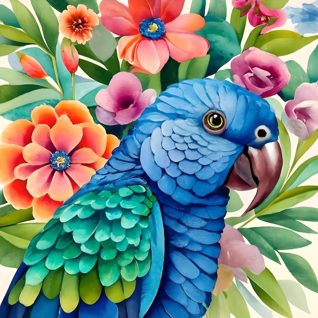 A beautiful painting of a blue parrot with flowers