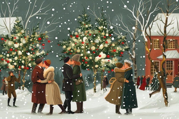 A beautiful painting capturing a group of people standing together in front of a festive Christmas tree A joyful scene of people kissing under the mistletoe AI Generated