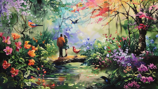 A beautiful painting of a couple standing in a lush forest