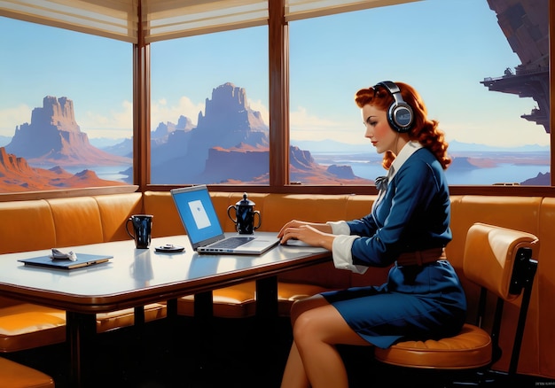 Photo beautiful painting of female sitting at the table with a laptop and headphones