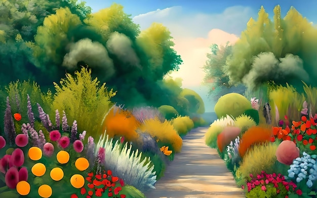 A beautiful painting of a garden with flowers and trees