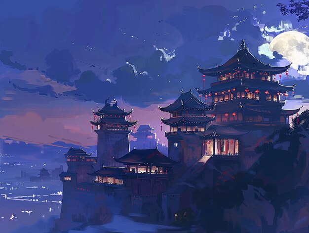 Photo a beautiful painting illustration style of chinese empire castle scenery