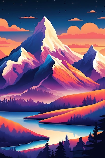 Beautiful A painting of mountains with a lake in the background