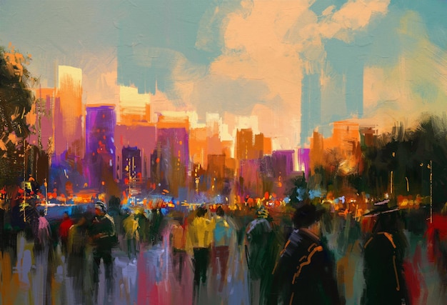 beautiful painting of people in a city park at sunset