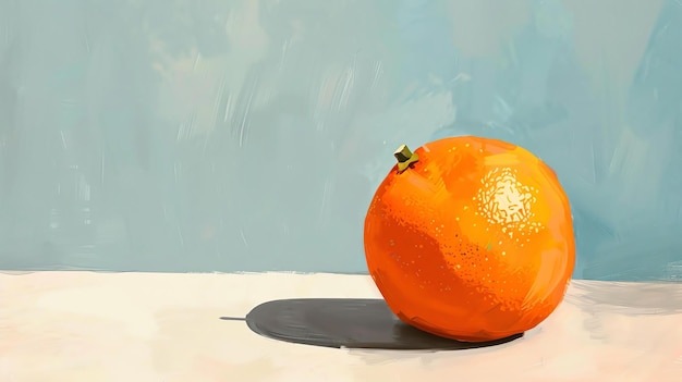 A beautiful painting of a single orange on a white table The orange is perfectly round and has a smooth shiny skin